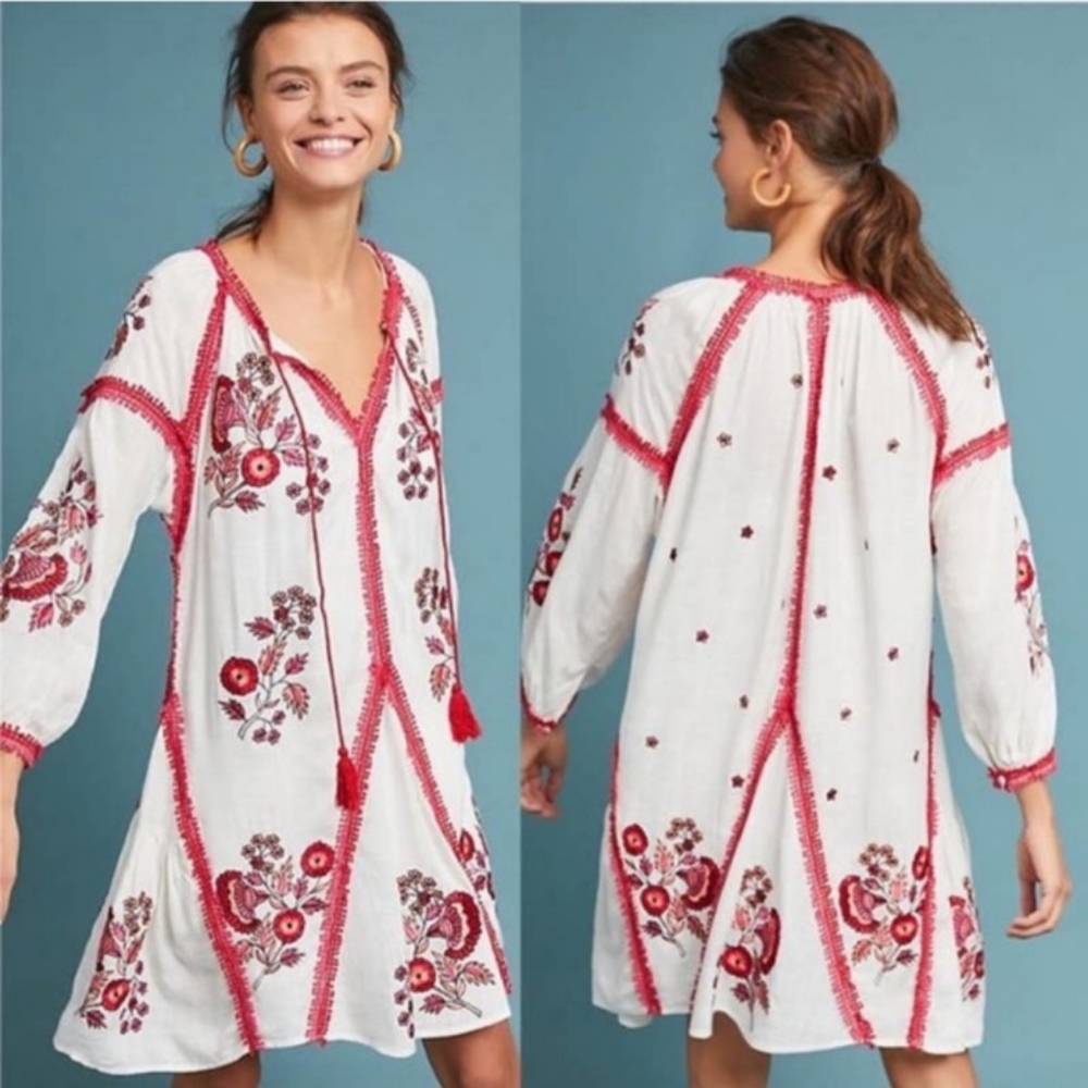 Anthropologie Ranna Gill Womens White Boho Embroidered Tunic Dress